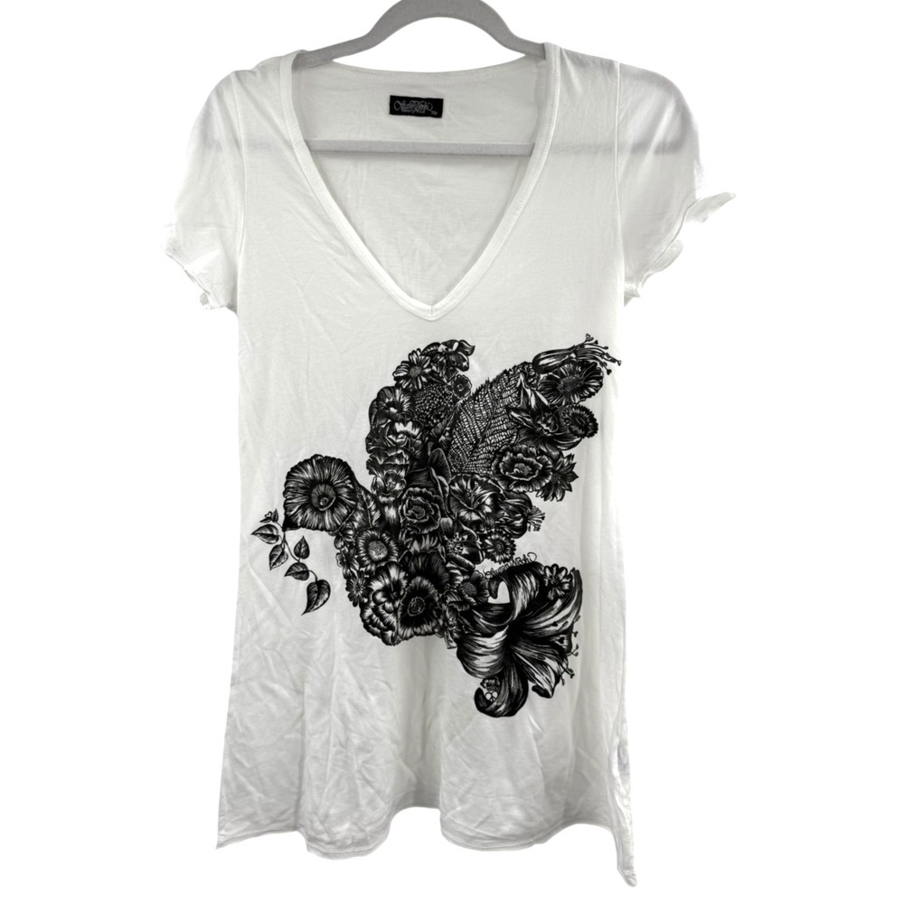 Lauren Moshi Cap Sleeve Women's XS White Becca Floral Dove T Shirt Ultra Soft